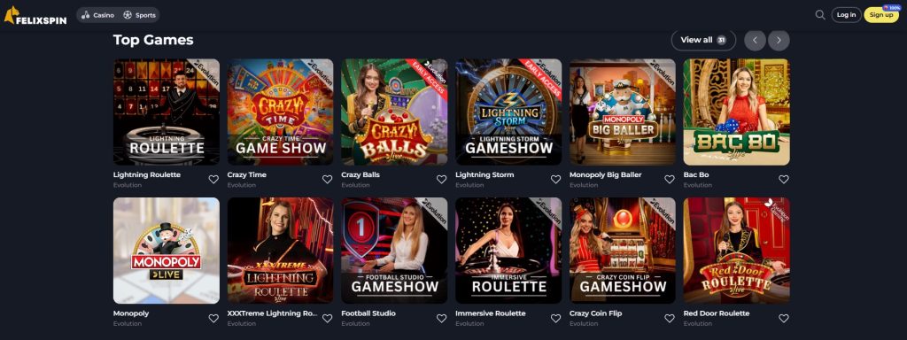 Screenshot der Top-Spiele auf der Felixspin-Website, einem Sportwetten Schweiz. Die Spiele umfassen Lightning Roulette, Crazy Time, Crazy Balls, Lightning Storm, Monopoly Big Baller, Bac Bo, Monopoly, XXXTreme Lightning Roulette, Football Studio, Immersive Roulette, Crazy Coin Flip und Red Door Roulette. Alle Spiele sind von Evolution.