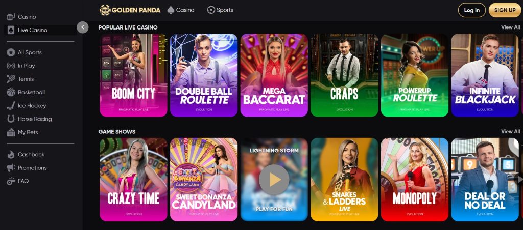Sportwetten Schweiz – Screenshot der Golden Panda Casino-Website, die eine umfangreiche Auswahl an Live-Casino-Spielen wie Boom City, Double Ball Roulette, Mega Baccarat, Craps, Powerup Roulette und Infinite Blackjack zeigt. Zusätzlich sind beliebte Game Shows wie Crazy Time, Sweet Bonanza Candyland, Monopoly und Deal or No Deal sichtbar.